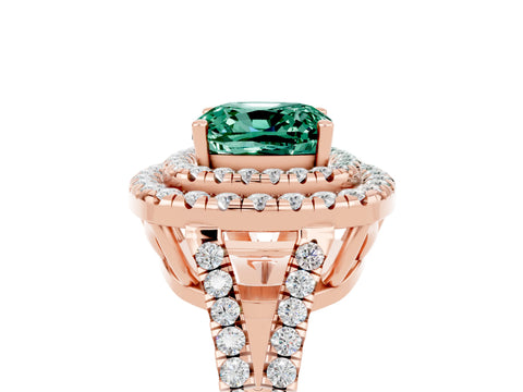 Rose gold Cushion Cut Green Sapphire Double Halo Ring with Pavé Band and Prong Setting_17