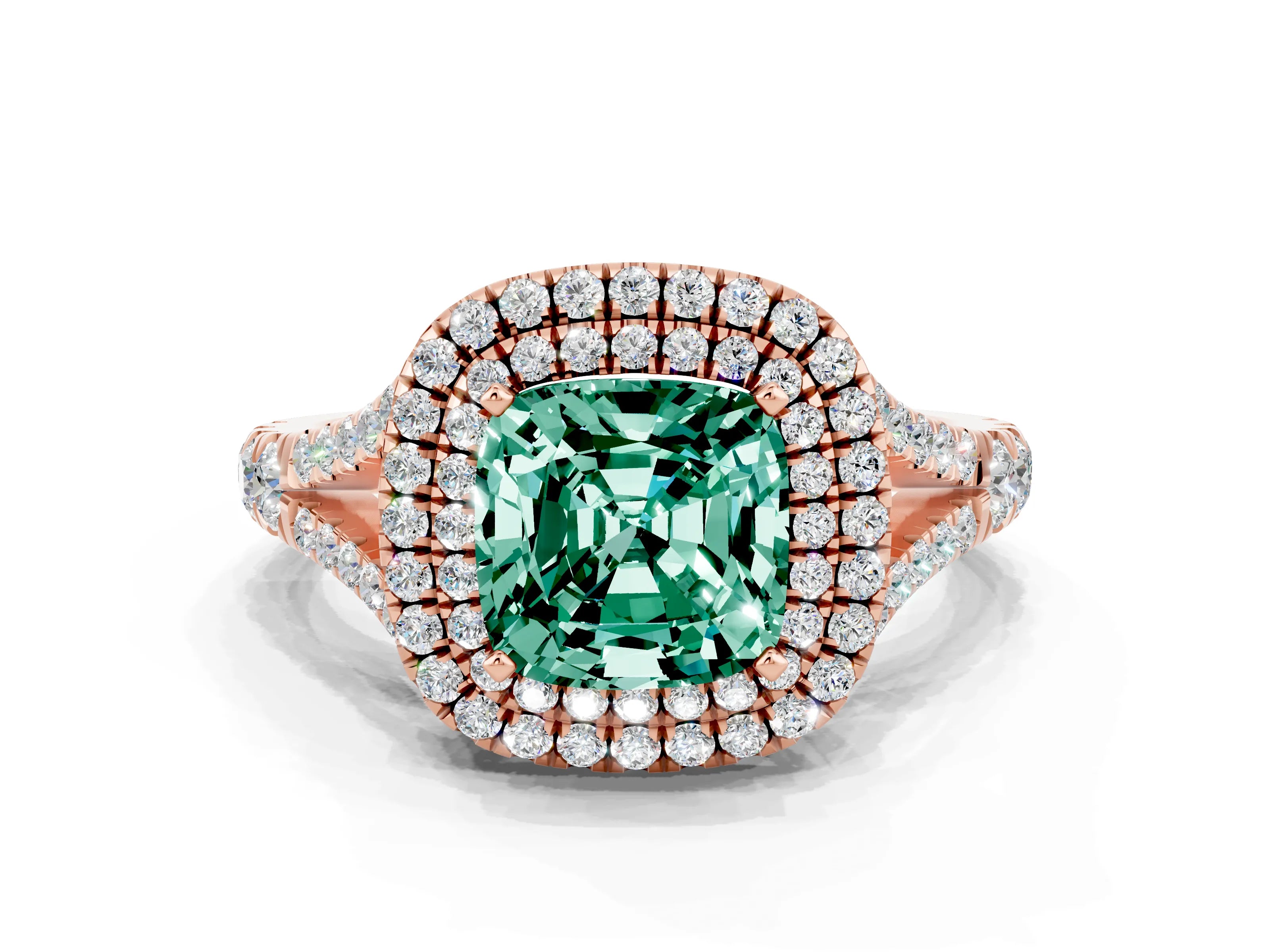 Rose gold Cushion Cut Green Sapphire Double Halo Ring with Split Shank and Prong Setting_12