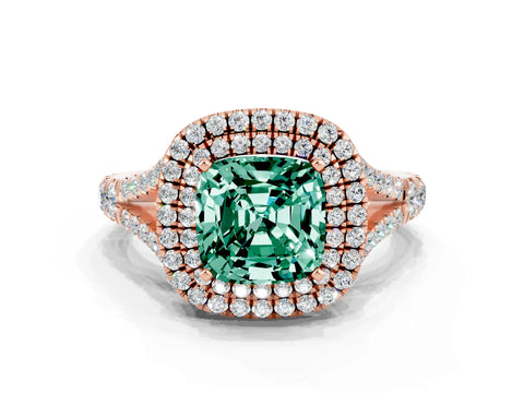 Rose gold Cushion Cut Green Sapphire Double Halo Ring with Split Shank and Prong Setting_12