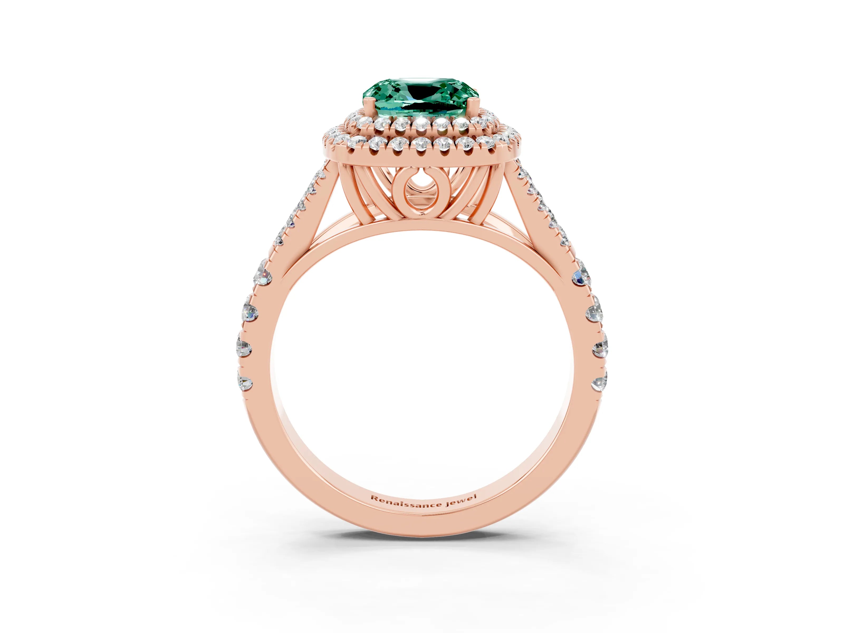 Rose gold Cushion Cut Green Sapphire Double Halo Ring with Split Shank and Prong Setting_15