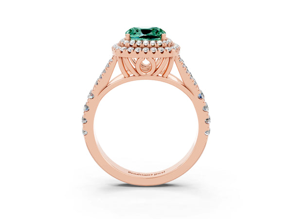 Rose gold Cushion Cut Green Sapphire Double Halo Ring with Split Shank and Prong Setting