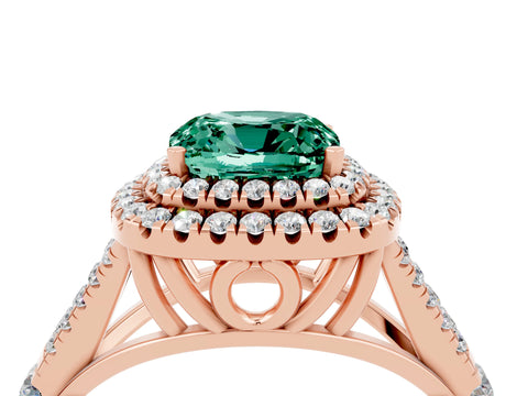 Rose gold Cushion Cut Green Sapphire Double Halo Ring with Split Shank and Prong Setting_16