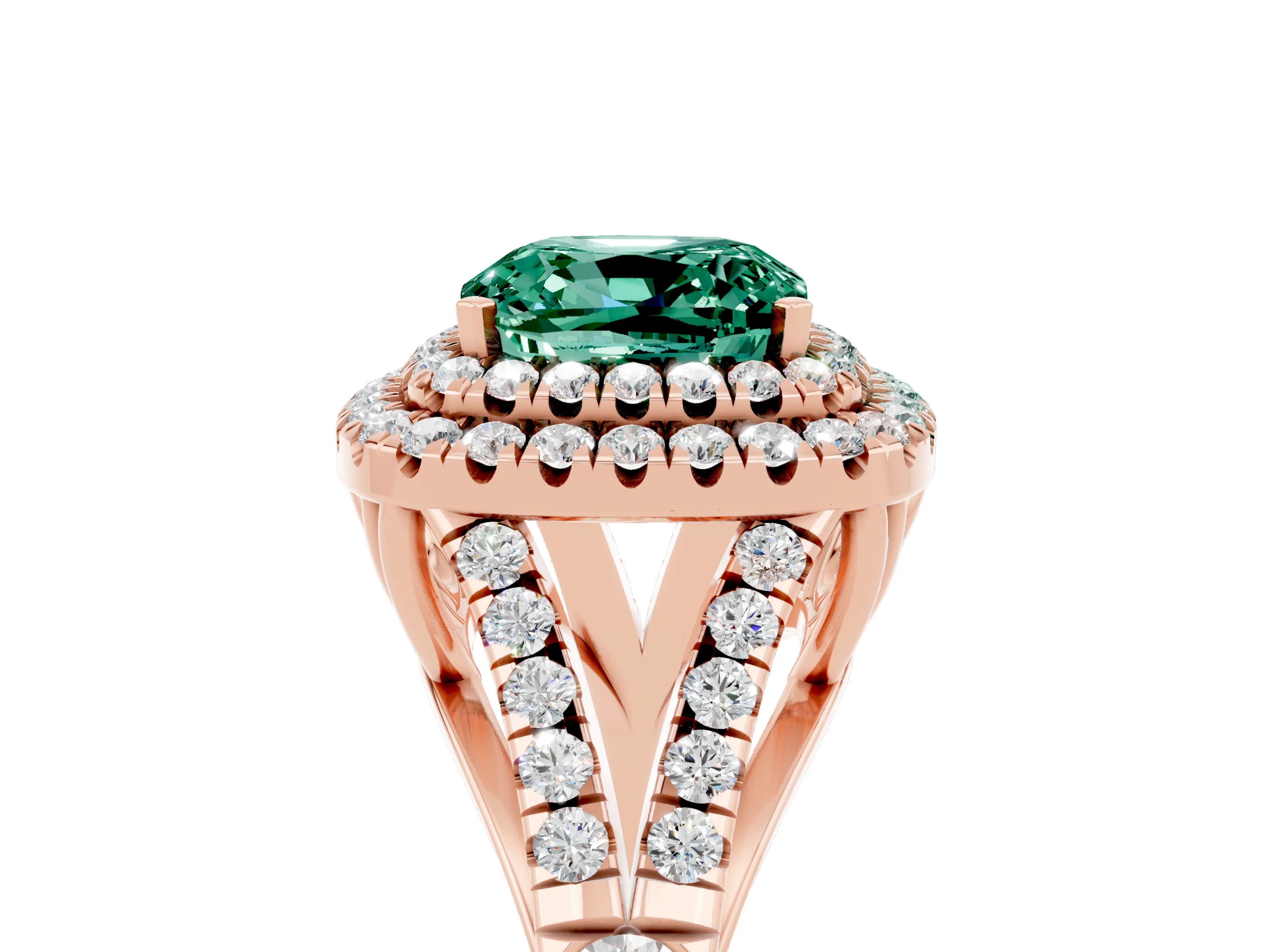 Rose gold Cushion Cut Green Sapphire Double Halo Ring with Split Shank and Prong Setting_17