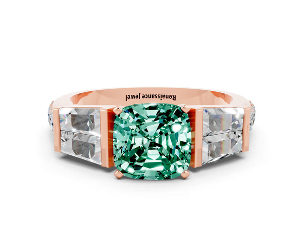 Rose gold Cushion Cut Green Sapphire Engagement Ring with Baguette Side Stones and Channel Set Band
