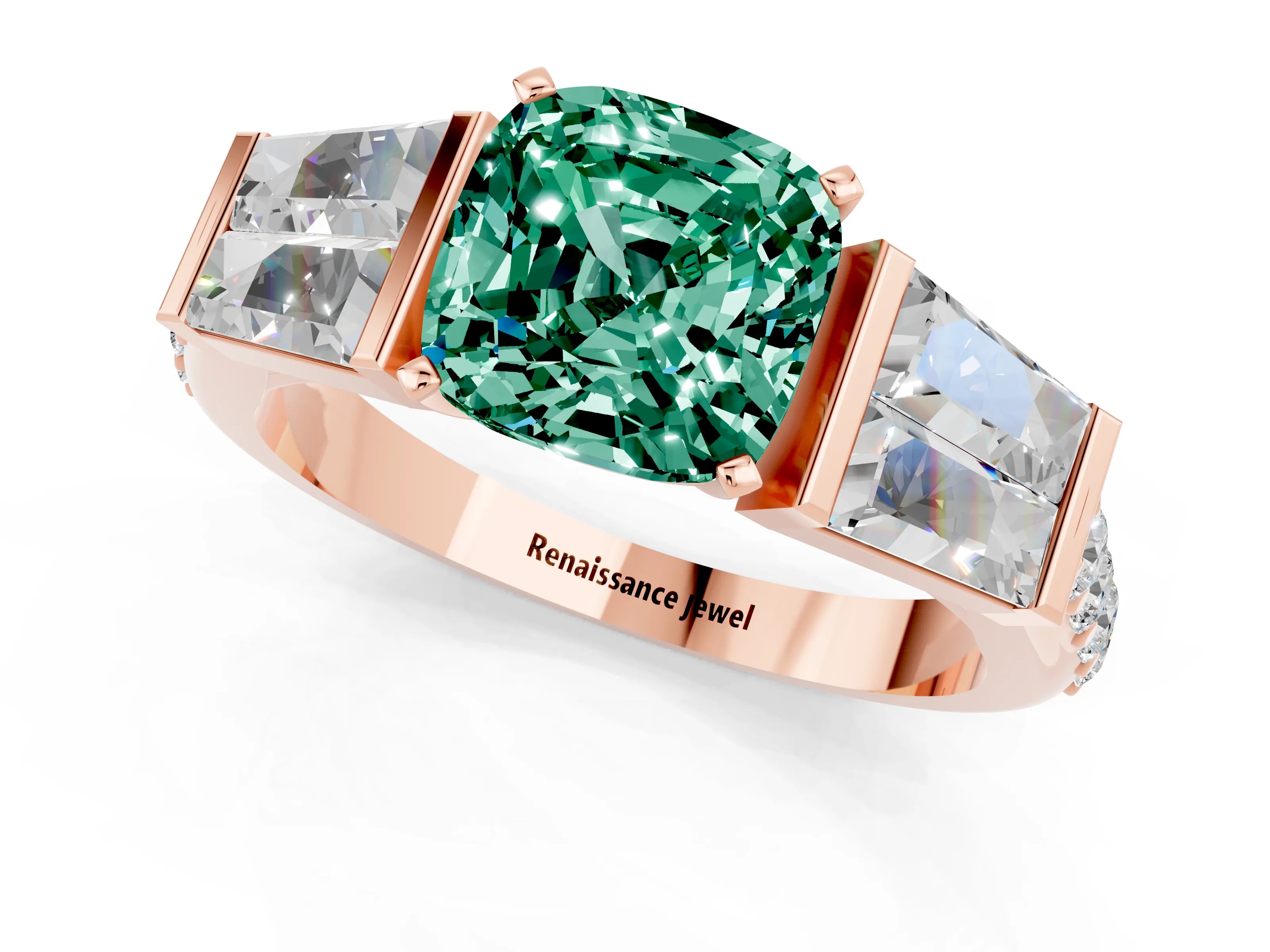 Rose gold Cushion Cut Green Sapphire Engagement Ring with Baguette Side Stones and Channel Set Band_1