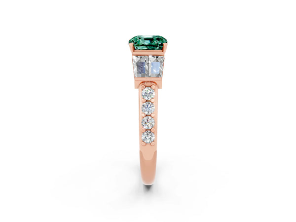 Rose gold Cushion Cut Green Sapphire Engagement Ring with Baguette Side Stones and Channel Set Band