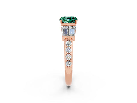 Rose gold Cushion Cut Green Sapphire Engagement Ring with Baguette Side Stones and Channel Set Band_2