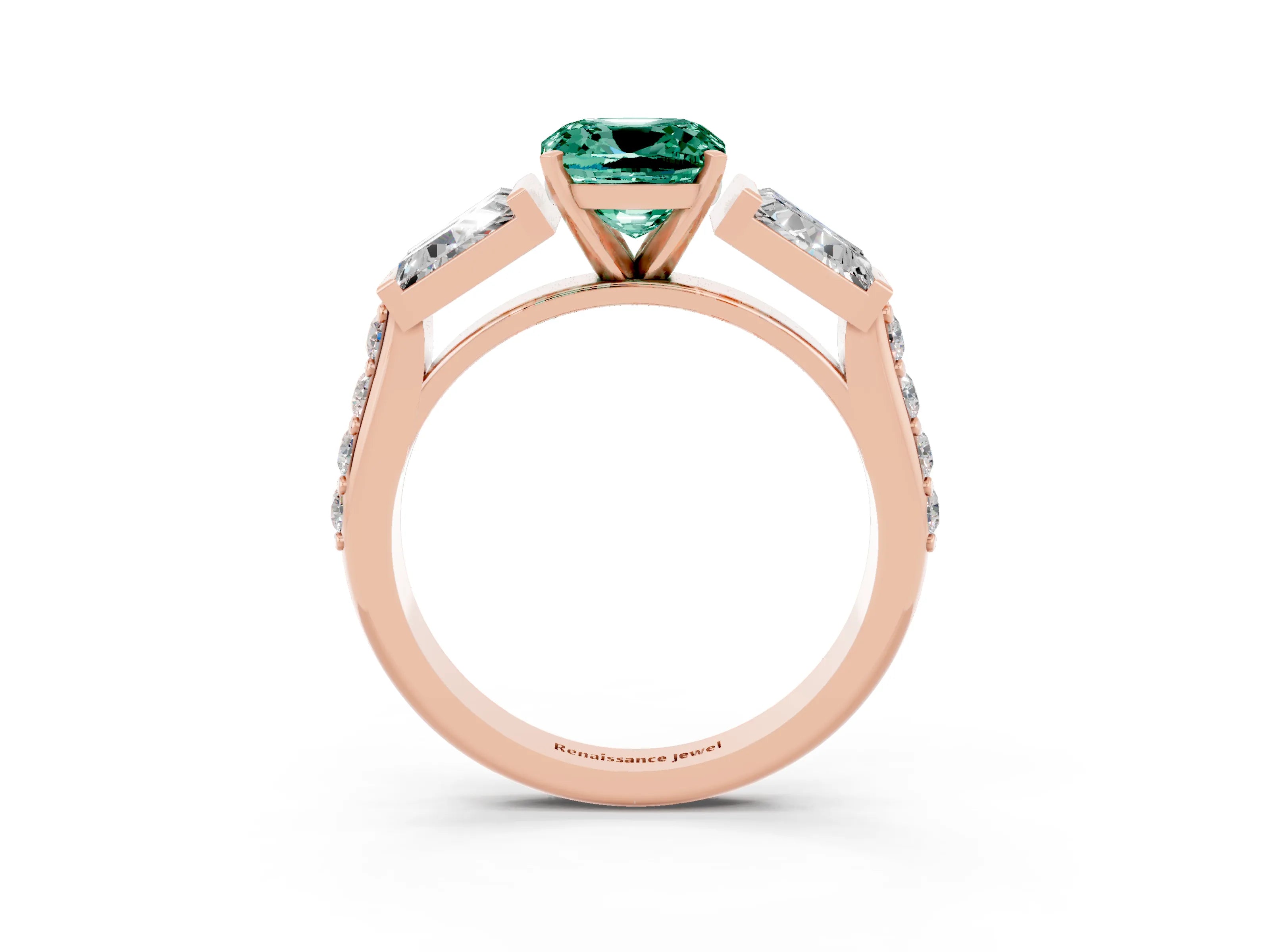 Rose gold Cushion Cut Green Sapphire Engagement Ring with Baguette Side Stones and Channel Set Band_3