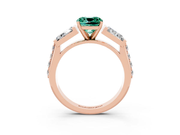 Rose gold Cushion Cut Green Sapphire Engagement Ring with Baguette Side Stones and Channel Set Band
