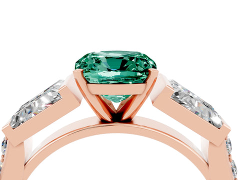 Rose gold Cushion Cut Green Sapphire Engagement Ring with Baguette Side Stones and Channel Set Band_4