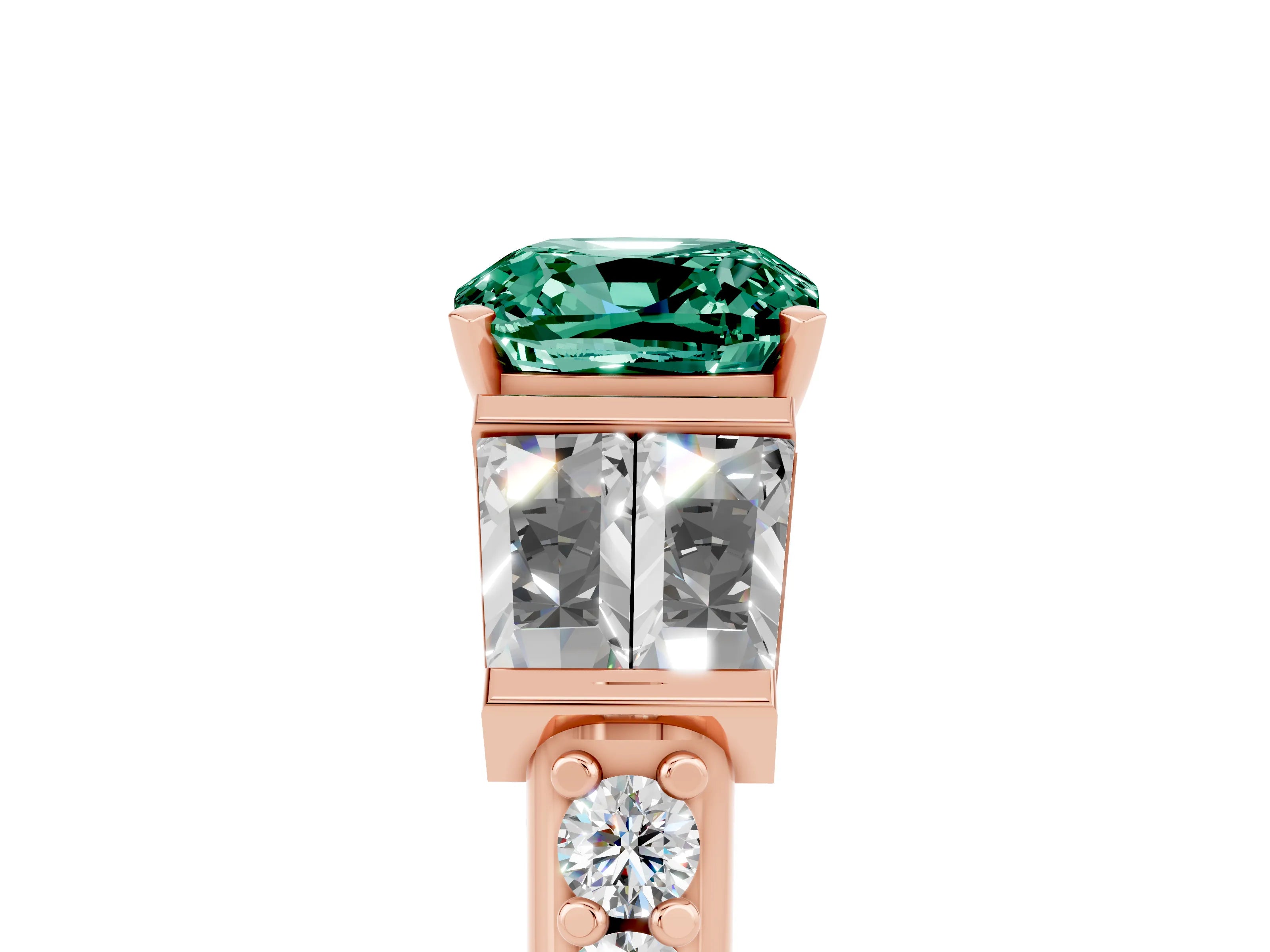 Rose gold Cushion Cut Green Sapphire Engagement Ring with Baguette Side Stones and Channel Set Band_5
