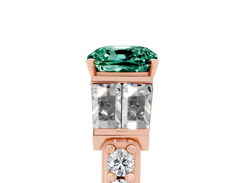 Rose gold Cushion Cut Green Sapphire Engagement Ring with Baguette Side Stones and Channel Set Band_5