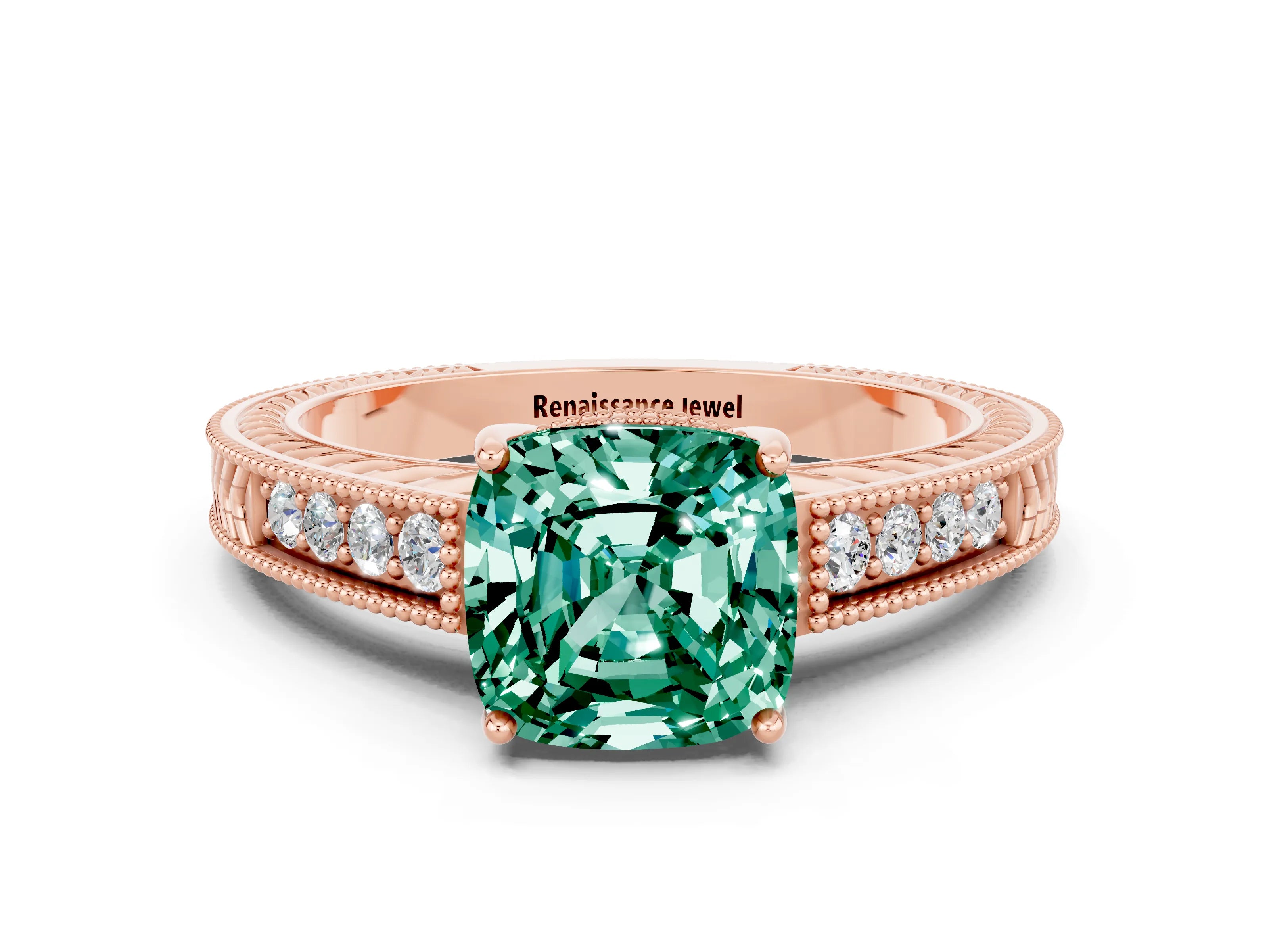 Rose gold Cushion Cut Green Sapphire Engagement Ring with Milgrain Channel Set Band and Prong Setting