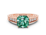 Rose gold Cushion Cut Green Sapphire Engagement Ring with Milgrain Channel Set Band and Prong Setting