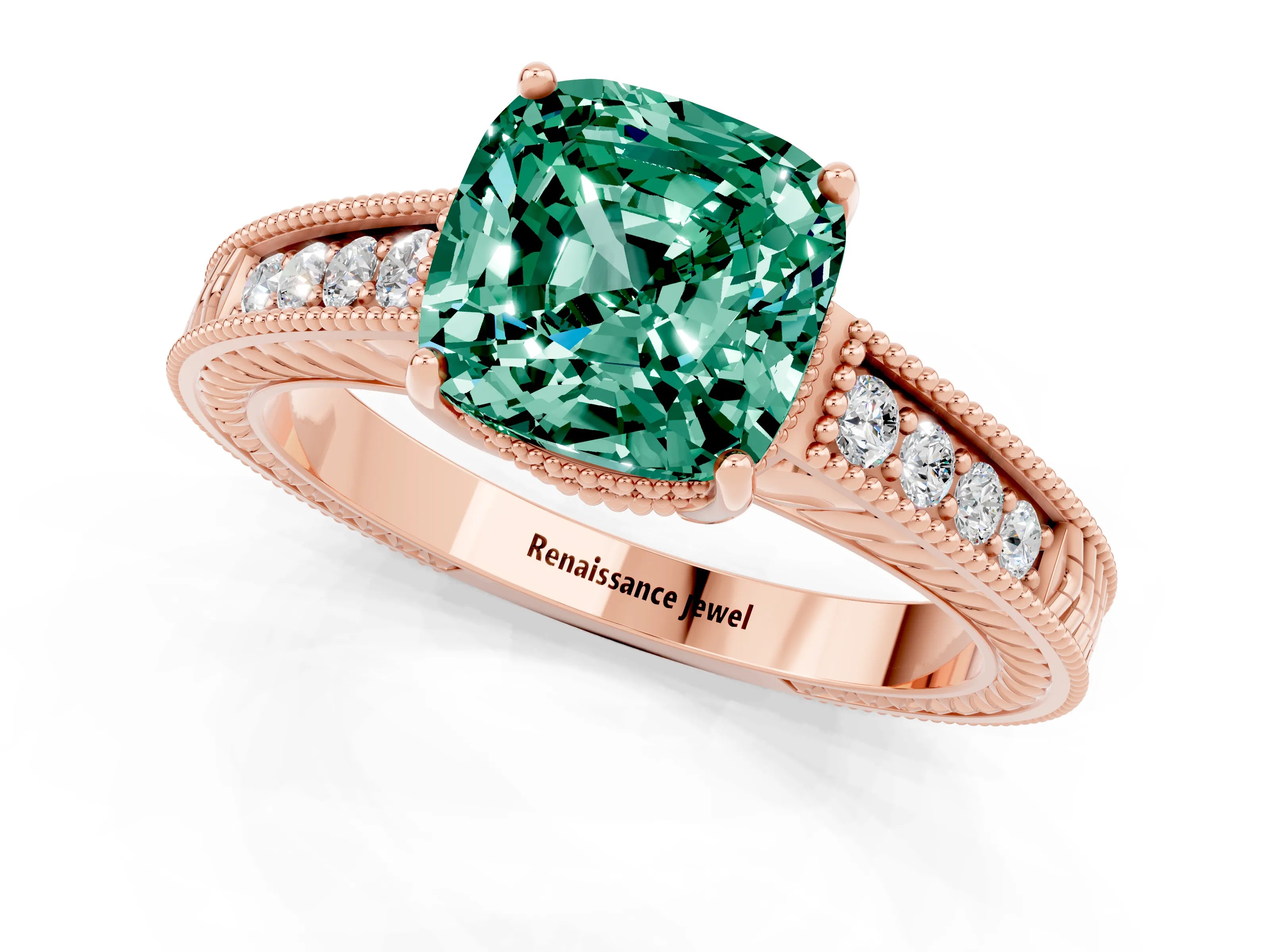 Rose gold Cushion Cut Green Sapphire Engagement Ring with Milgrain Channel Set Band and Prong Setting_1