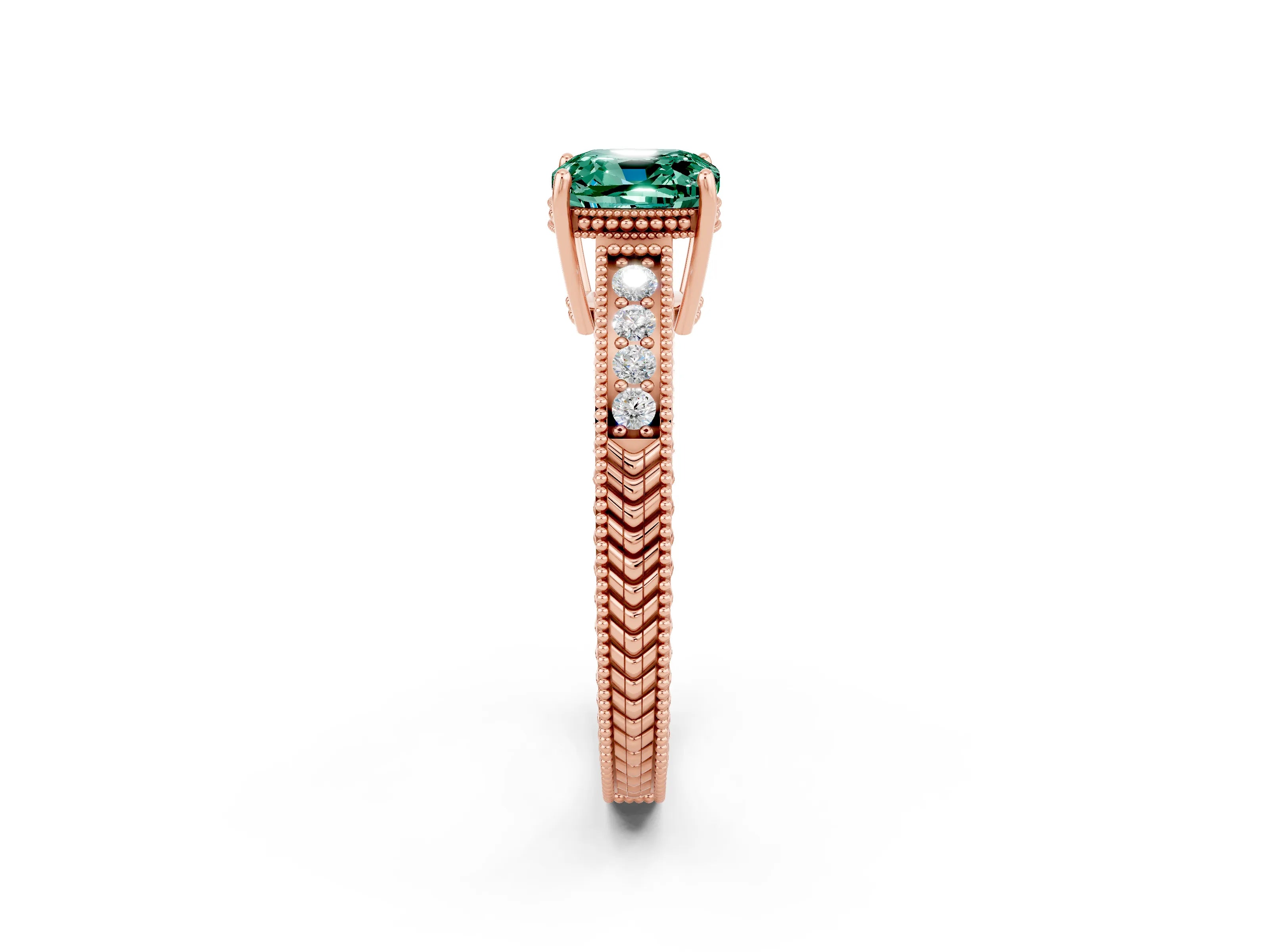 Rose gold Cushion Cut Green Sapphire Engagement Ring with Milgrain Channel Set Band and Prong Setting_2
