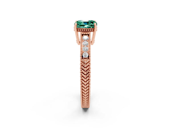 Rose gold Cushion Cut Green Sapphire Engagement Ring with Milgrain Channel Set Band and Prong Setting