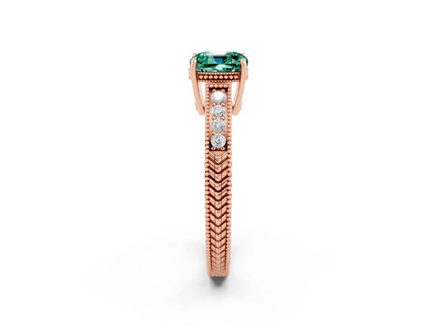 Rose gold Cushion Cut Green Sapphire Engagement Ring with Milgrain Channel Set Band and Prong Setting_2