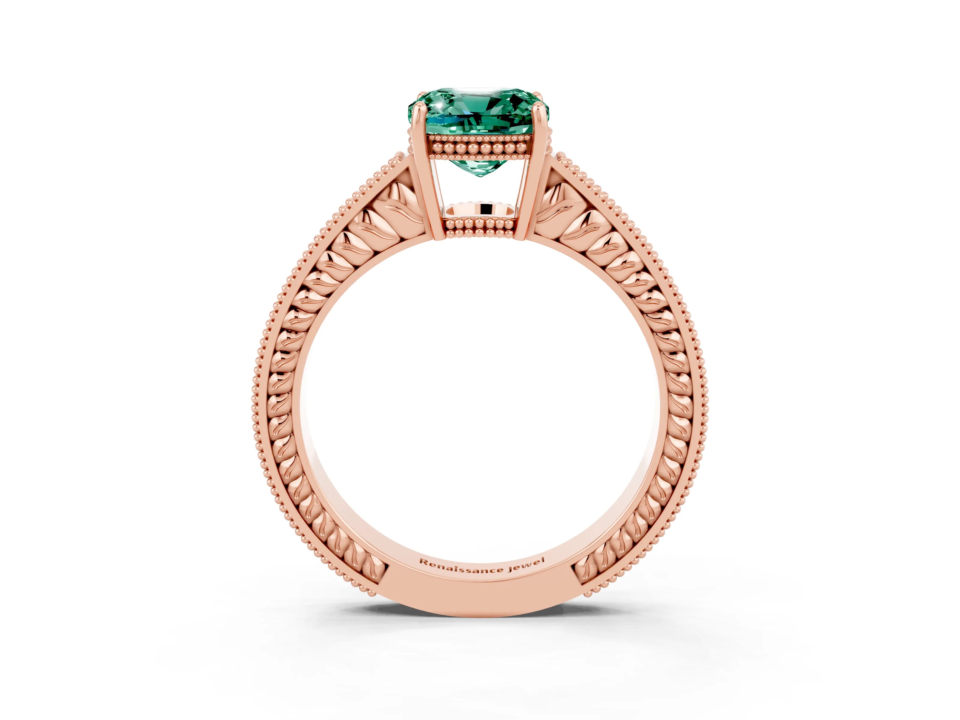 Rose gold Cushion Cut Green Sapphire Engagement Ring with Milgrain Channel Set Band and Prong Setting_3