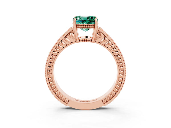 Rose gold Cushion Cut Green Sapphire Engagement Ring with Milgrain Channel Set Band and Prong Setting