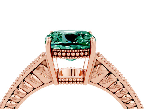 Rose gold Cushion Cut Green Sapphire Engagement Ring with Milgrain Channel Set Band and Prong Setting_4