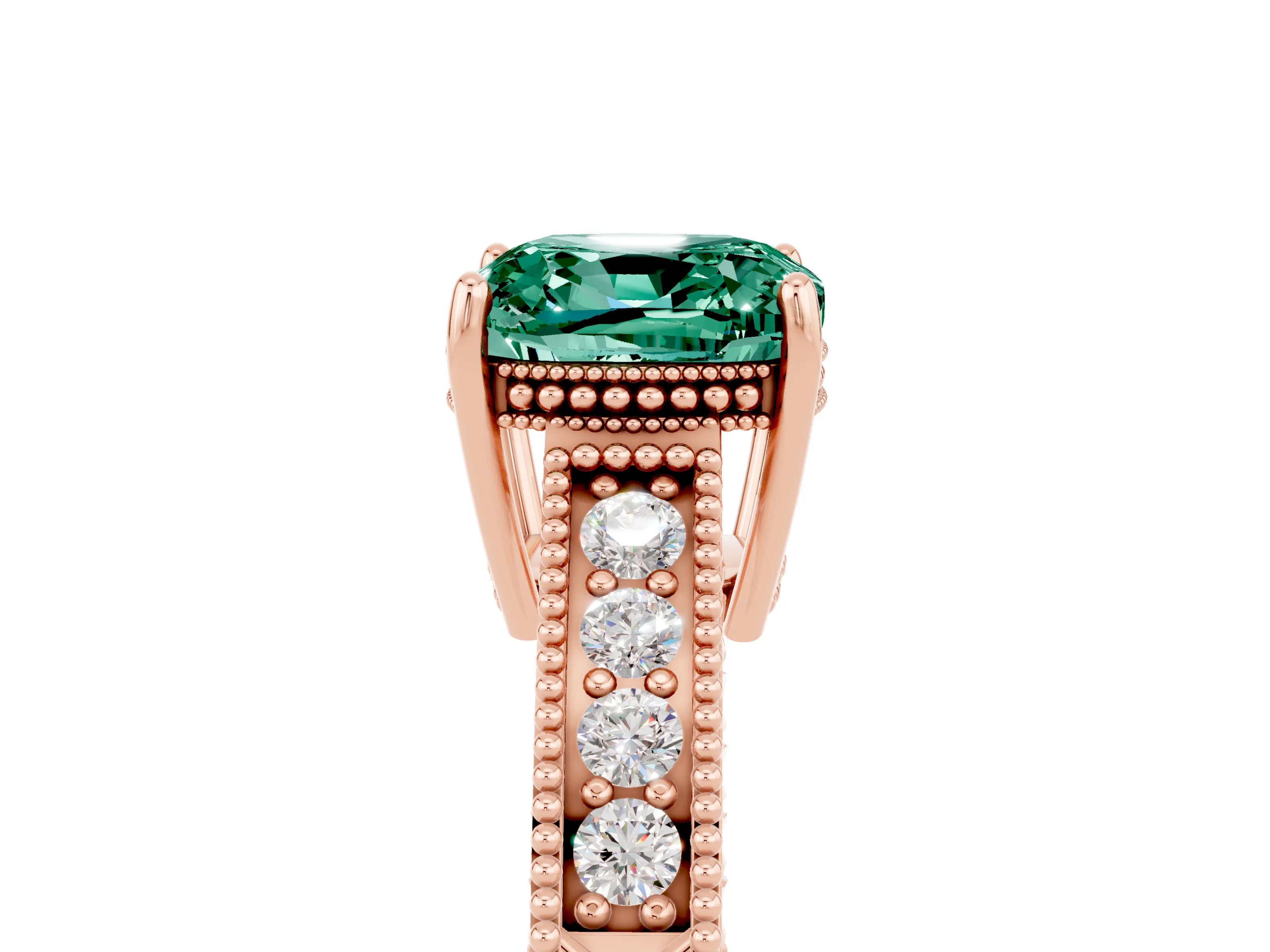Rose gold Cushion Cut Green Sapphire Engagement Ring with Milgrain Channel Set Band and Prong Setting_5