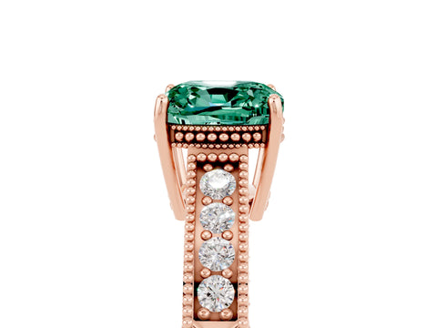 Rose gold Cushion Cut Green Sapphire Engagement Ring with Milgrain Channel Set Band and Prong Setting_5