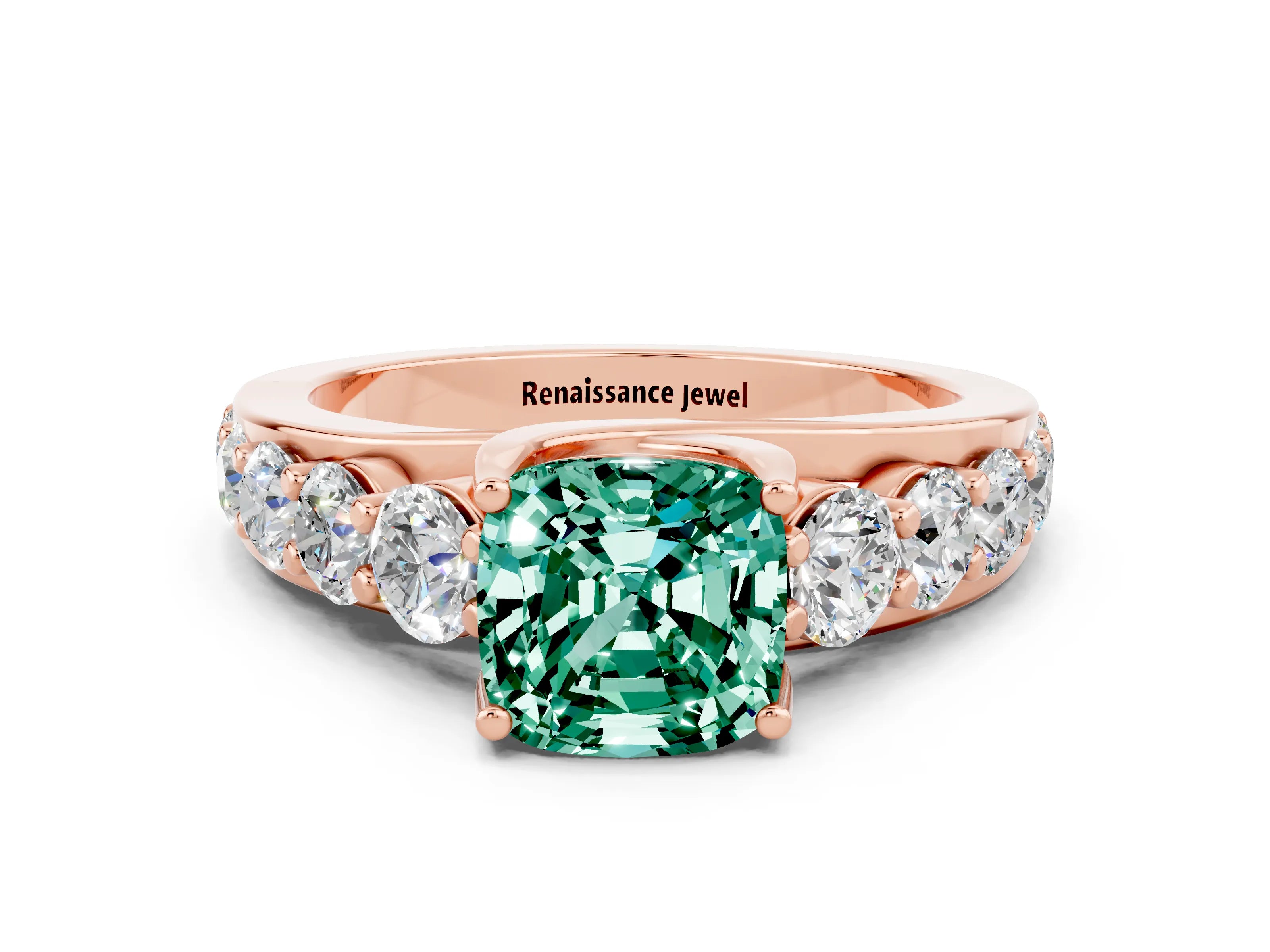 Rose gold Cushion Cut Green Sapphire Engagement Ring with Pavé Band and Four-Prong Setting