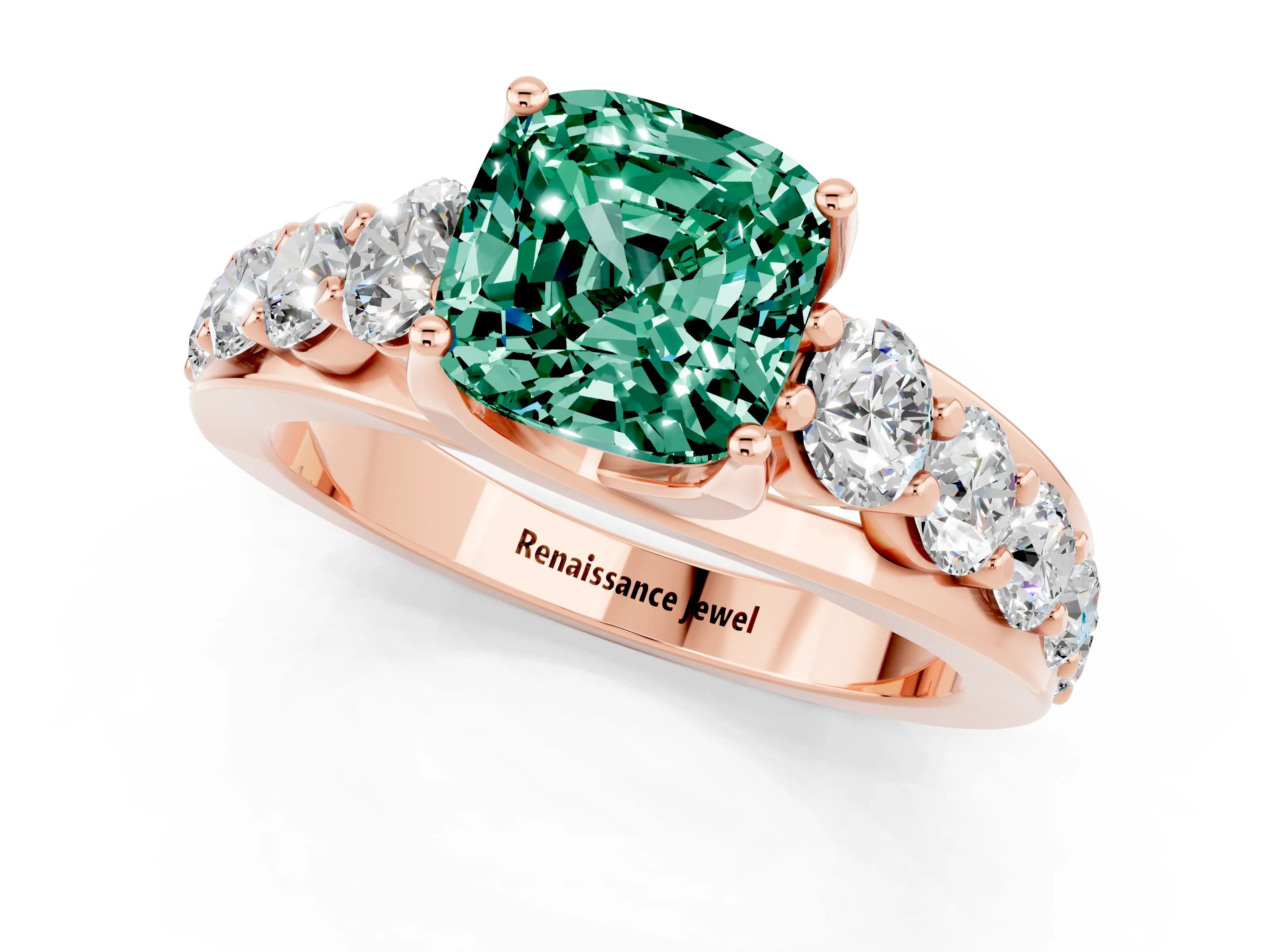Rose gold Cushion Cut Green Sapphire Engagement Ring with Pavé Band and Four-Prong Setting_1