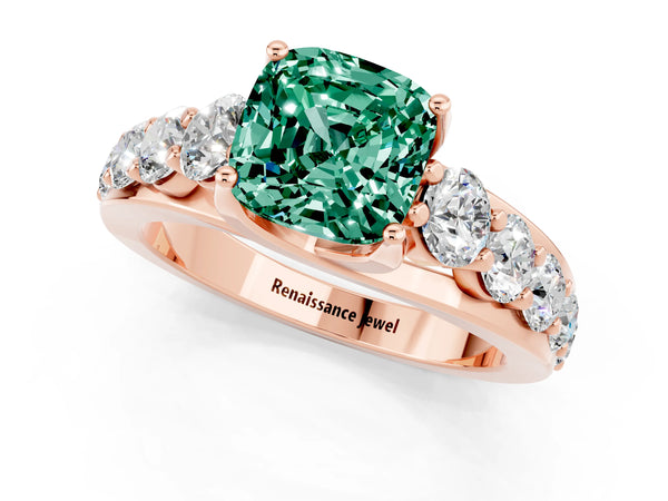 Rose gold Cushion Cut Green Sapphire Engagement Ring with Pavé Band and Four-Prong Setting