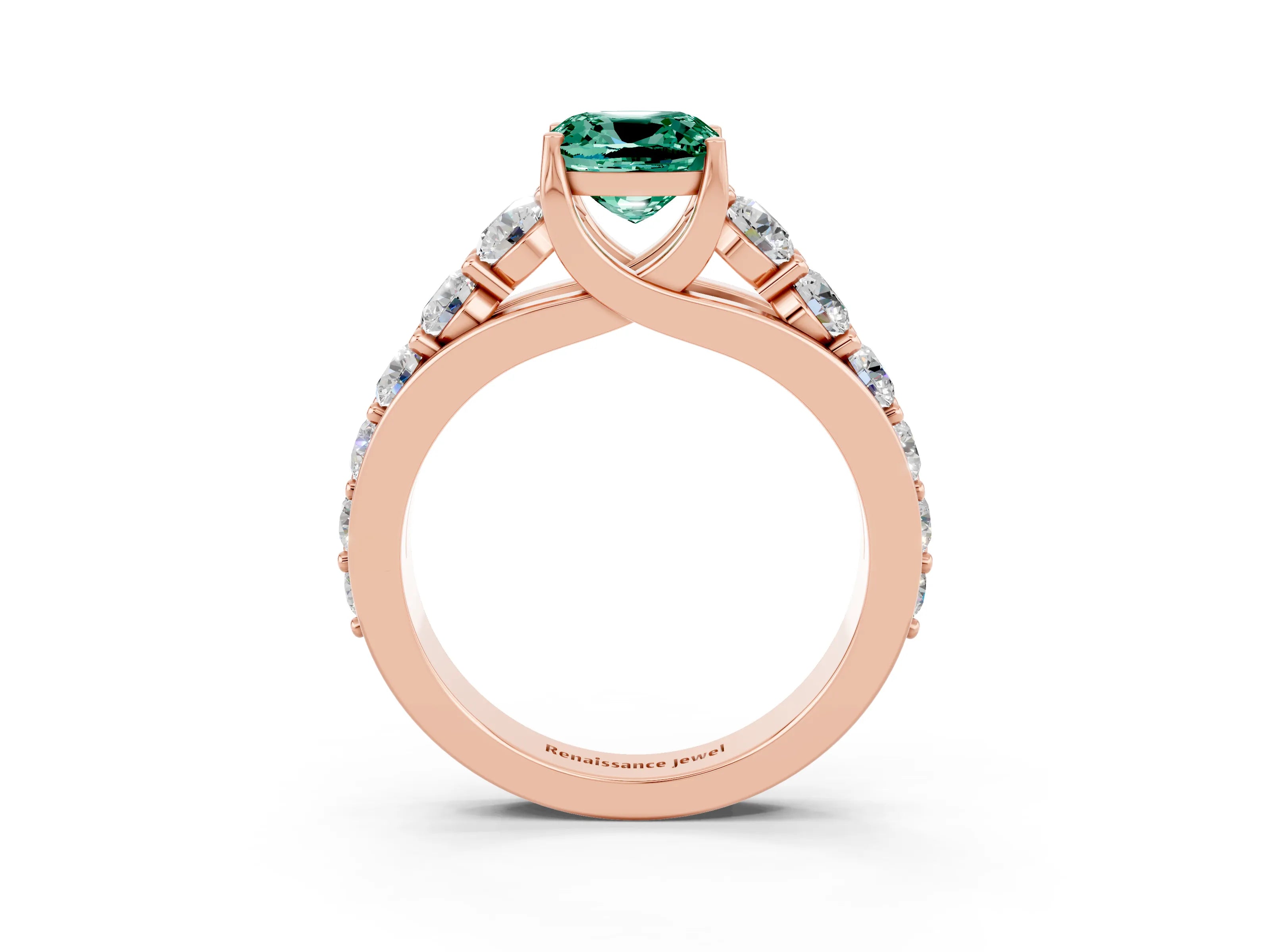 Rose gold Cushion Cut Green Sapphire Engagement Ring with Pavé Band and Four-Prong Setting_3