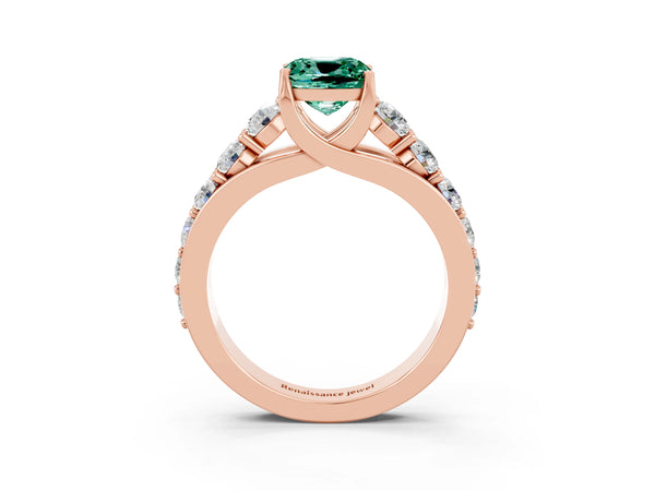 Rose gold Cushion Cut Green Sapphire Engagement Ring with Pavé Band and Four-Prong Setting