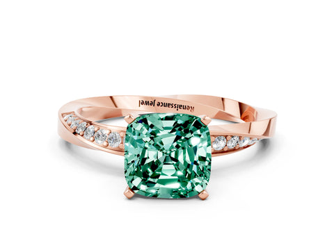 Rose gold Cushion Cut Green Sapphire Engagement Ring with Side Stone Accents and Four-Prong Setting_27