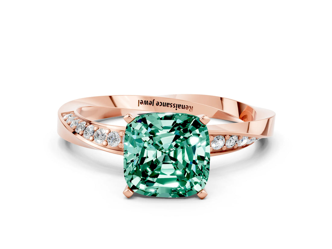 Rose gold Cushion Cut Green Sapphire Engagement Ring with Side Stone Accents and Four-Prong Setting_84