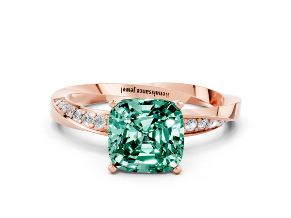 Rose gold Cushion Cut Green Sapphire Engagement Ring with Side Stone Accents and Four-Prong Setting