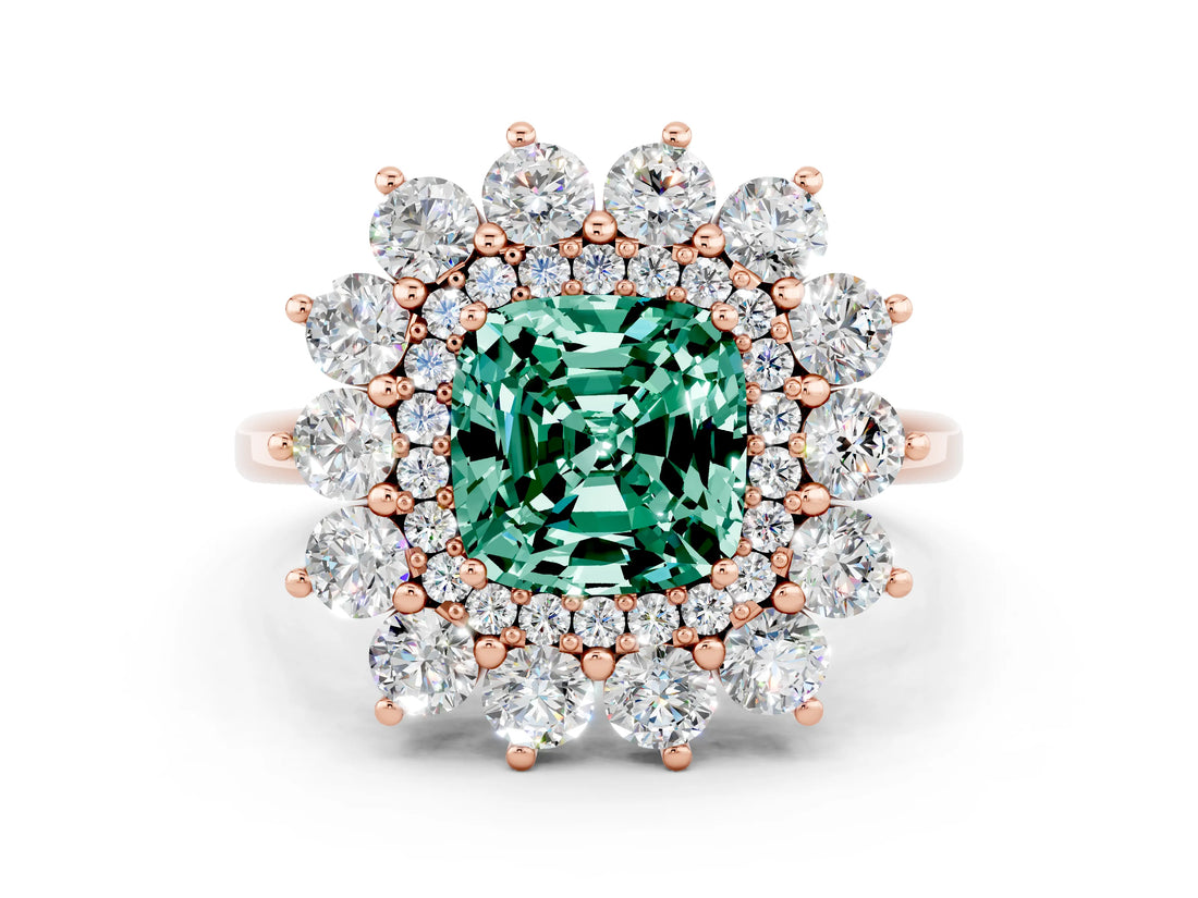 Rose gold Cushion Cut Green Sapphire Floral Double Halo Engagement Ring with Prong Setting_49