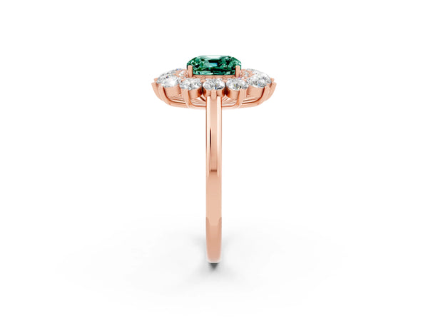Rose gold Cushion Cut Green Sapphire Floral Double Halo Engagement Ring with Prong Setting