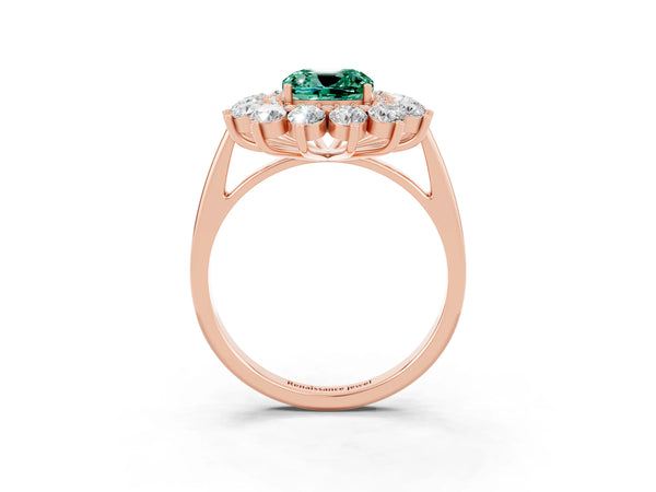 Rose gold Cushion Cut Green Sapphire Floral Double Halo Engagement Ring with Prong Setting
