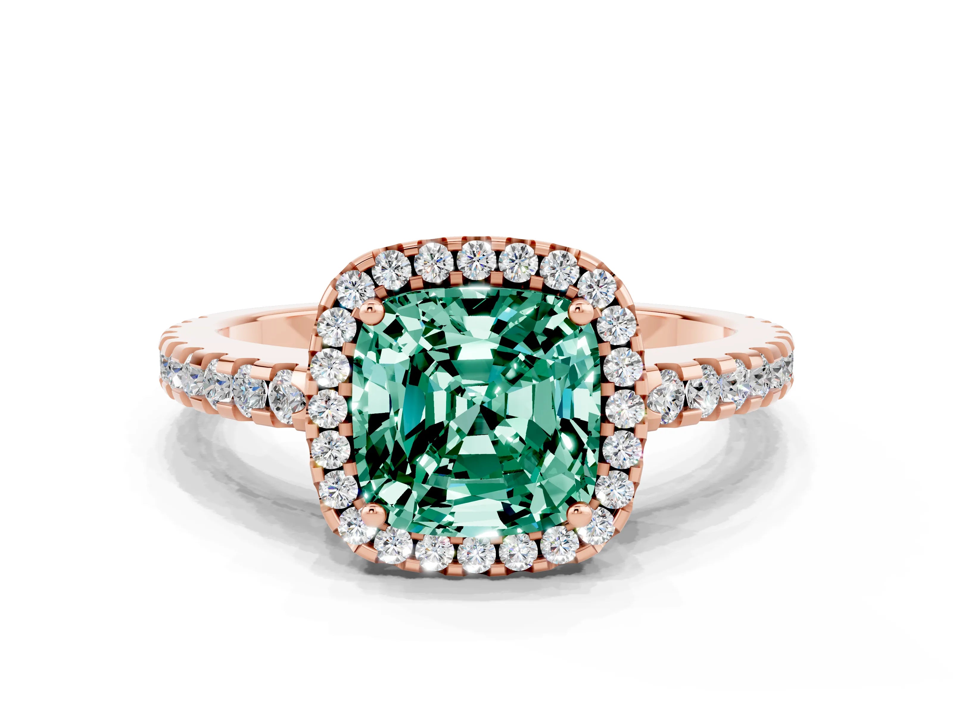 Rose gold Cushion Cut Green Sapphire Halo Engagement Ring with Pavé Band and Prong Setting_12