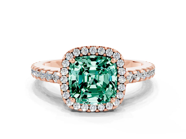 Rose gold Cushion Cut Green Sapphire Halo Engagement Ring with Pavé Band and Prong Setting
