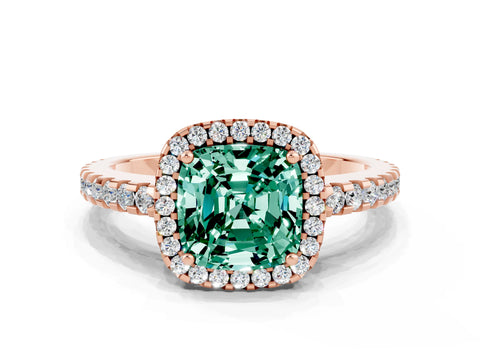 Rose gold Cushion Cut Green Sapphire Halo Engagement Ring with Pavé Band and Prong Setting_12