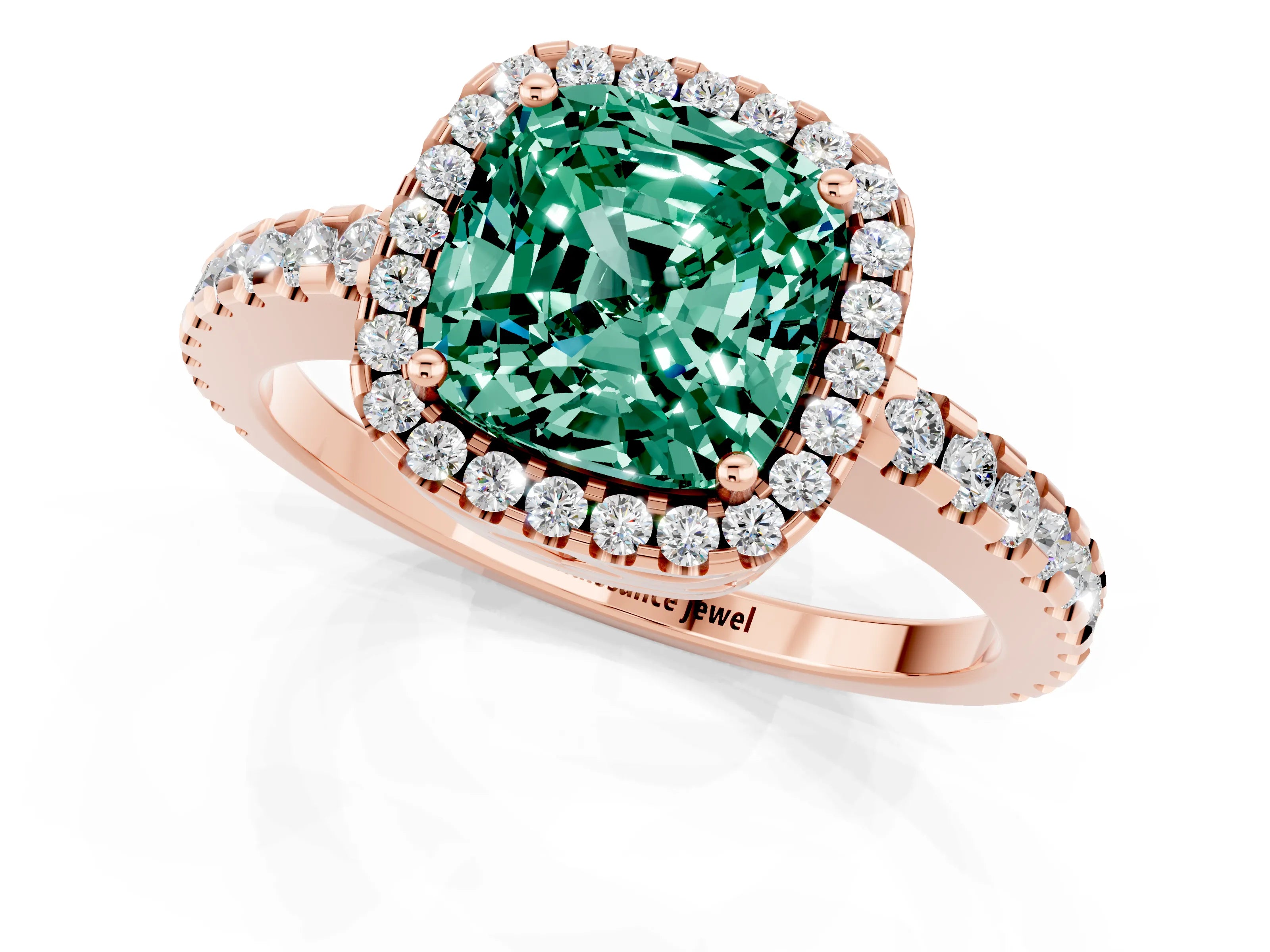 Rose gold Cushion Cut Green Sapphire Halo Engagement Ring with Pavé Band and Prong Setting_13