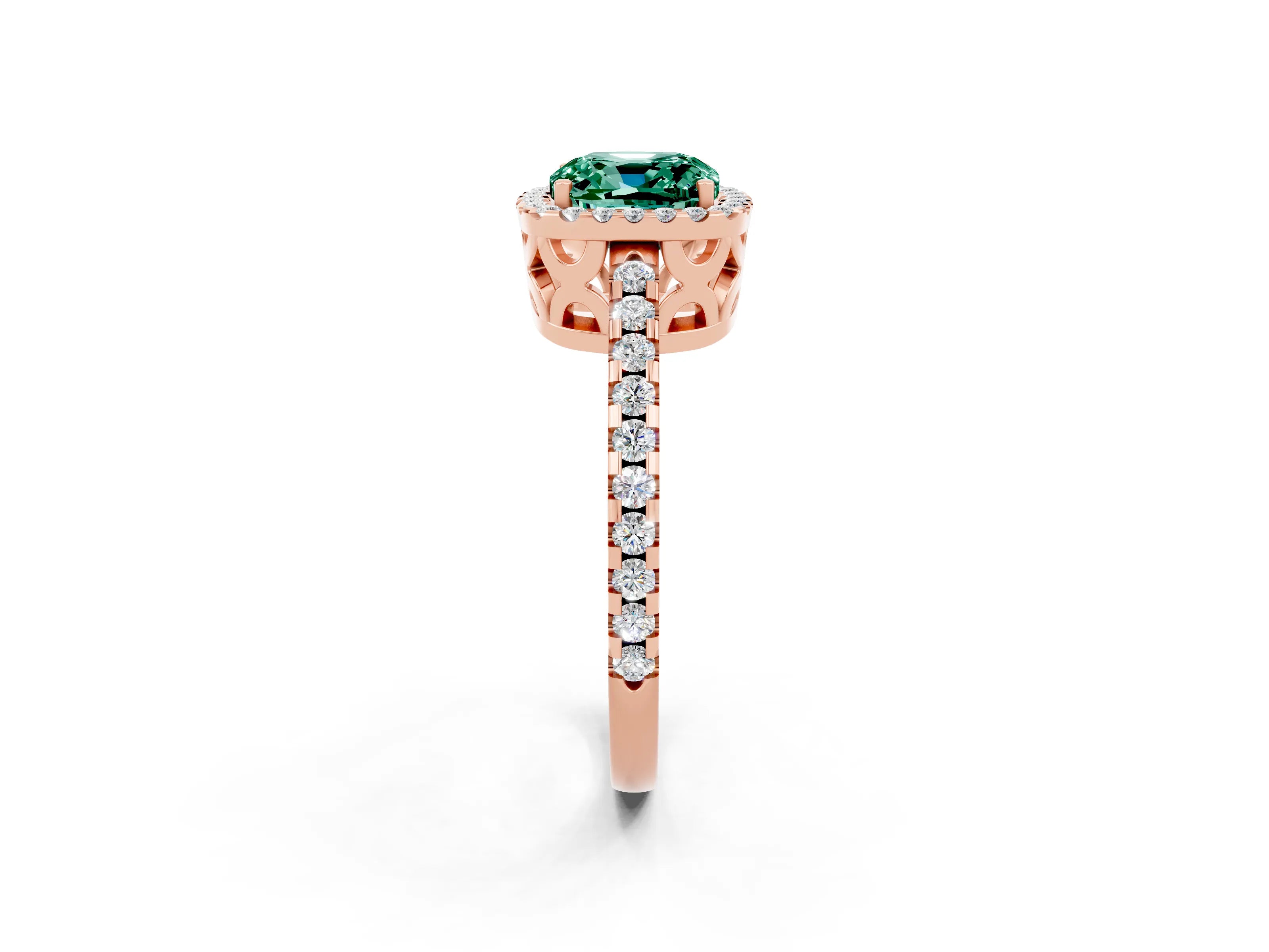 Rose gold Cushion Cut Green Sapphire Halo Engagement Ring with Pavé Band and Prong Setting_14