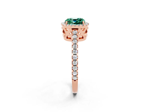 Rose gold Cushion Cut Green Sapphire Halo Engagement Ring with Pavé Band and Prong Setting