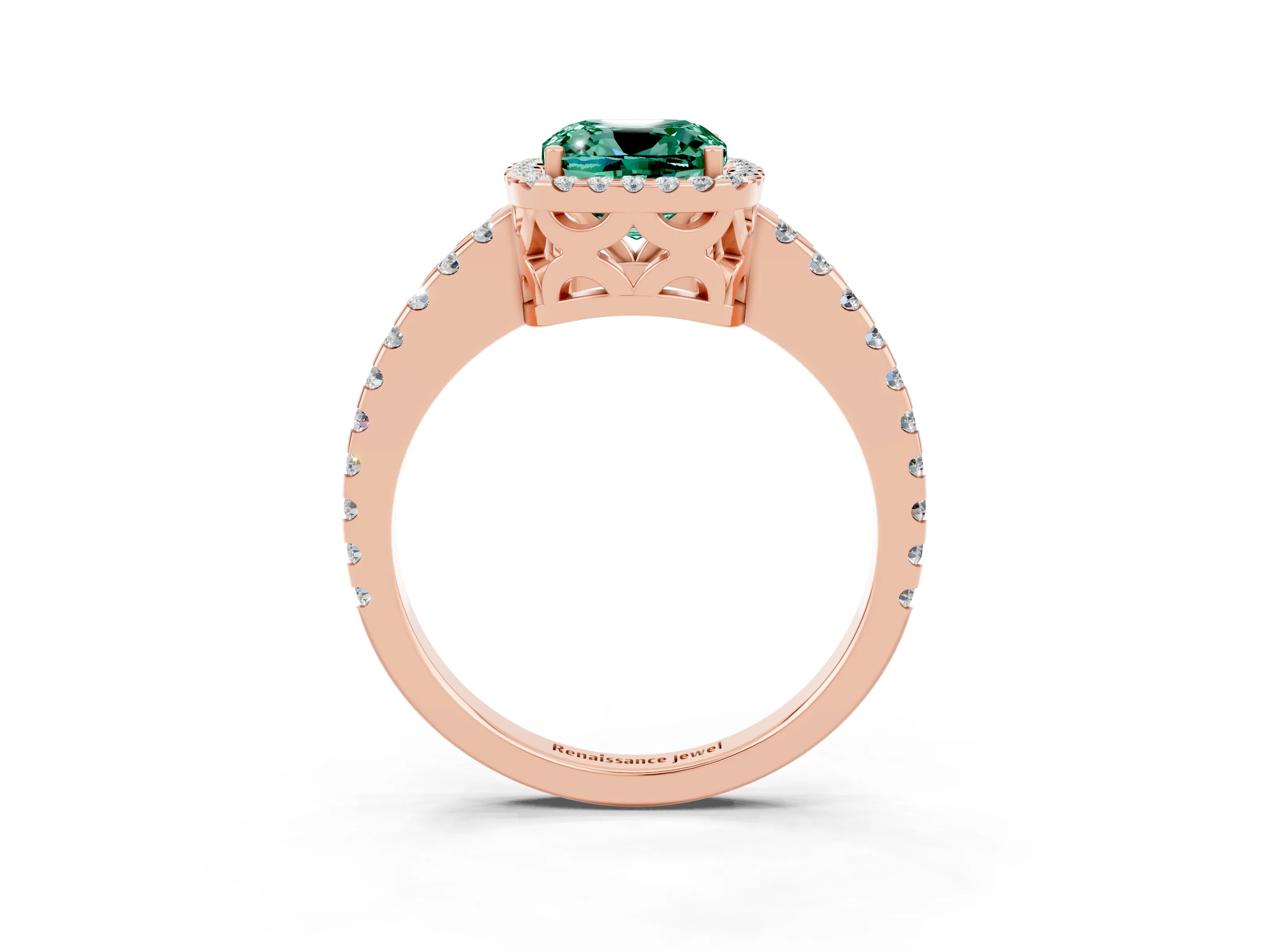 Rose gold Cushion Cut Green Sapphire Halo Engagement Ring with Pavé Band and Prong Setting_15