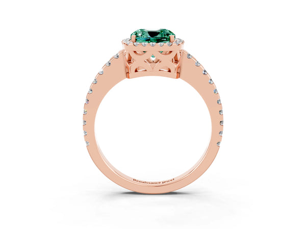 Rose gold Cushion Cut Green Sapphire Halo Engagement Ring with Pavé Band and Prong Setting