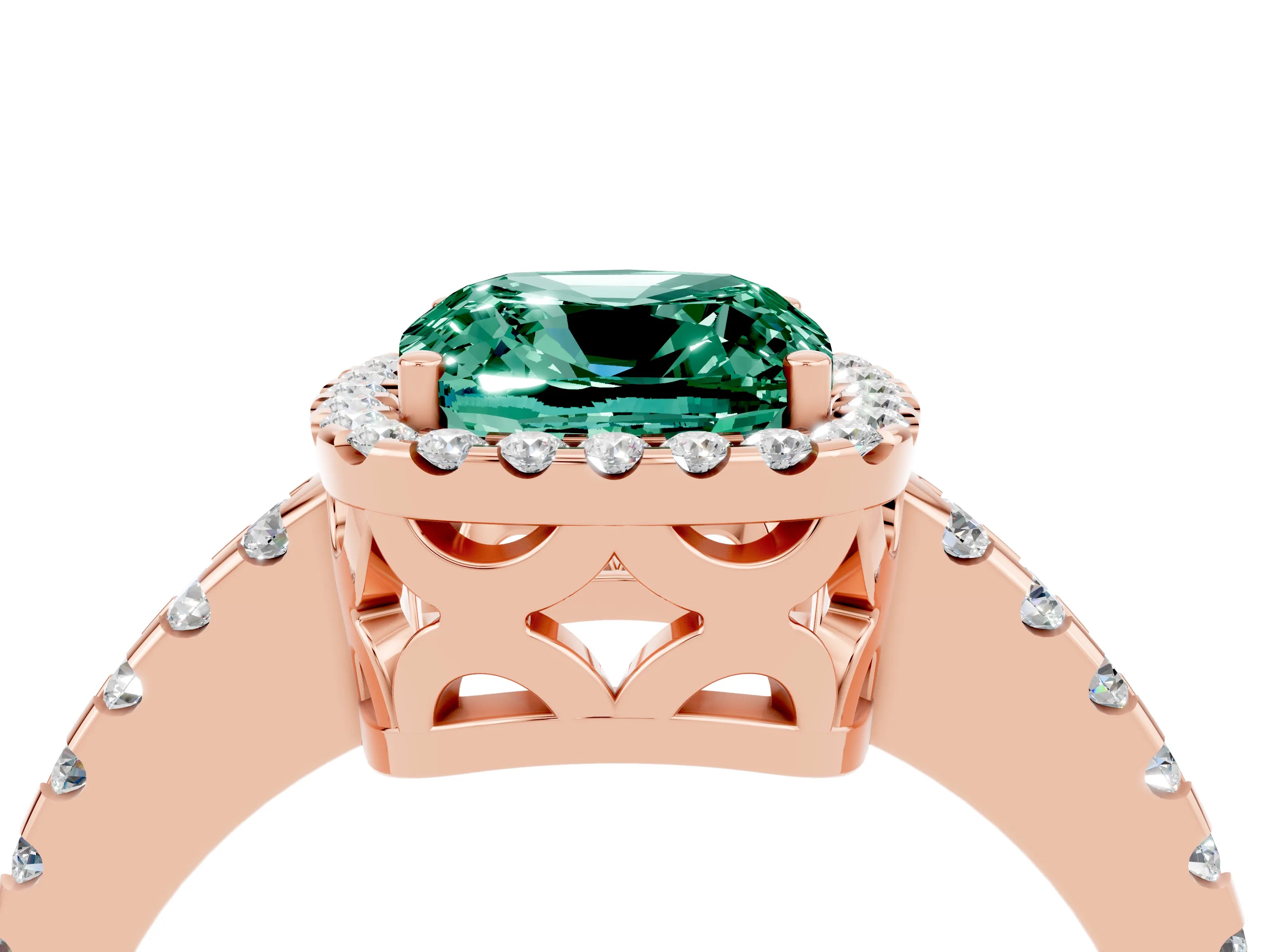 Rose gold Cushion Cut Green Sapphire Halo Engagement Ring with Pavé Band and Prong Setting_16