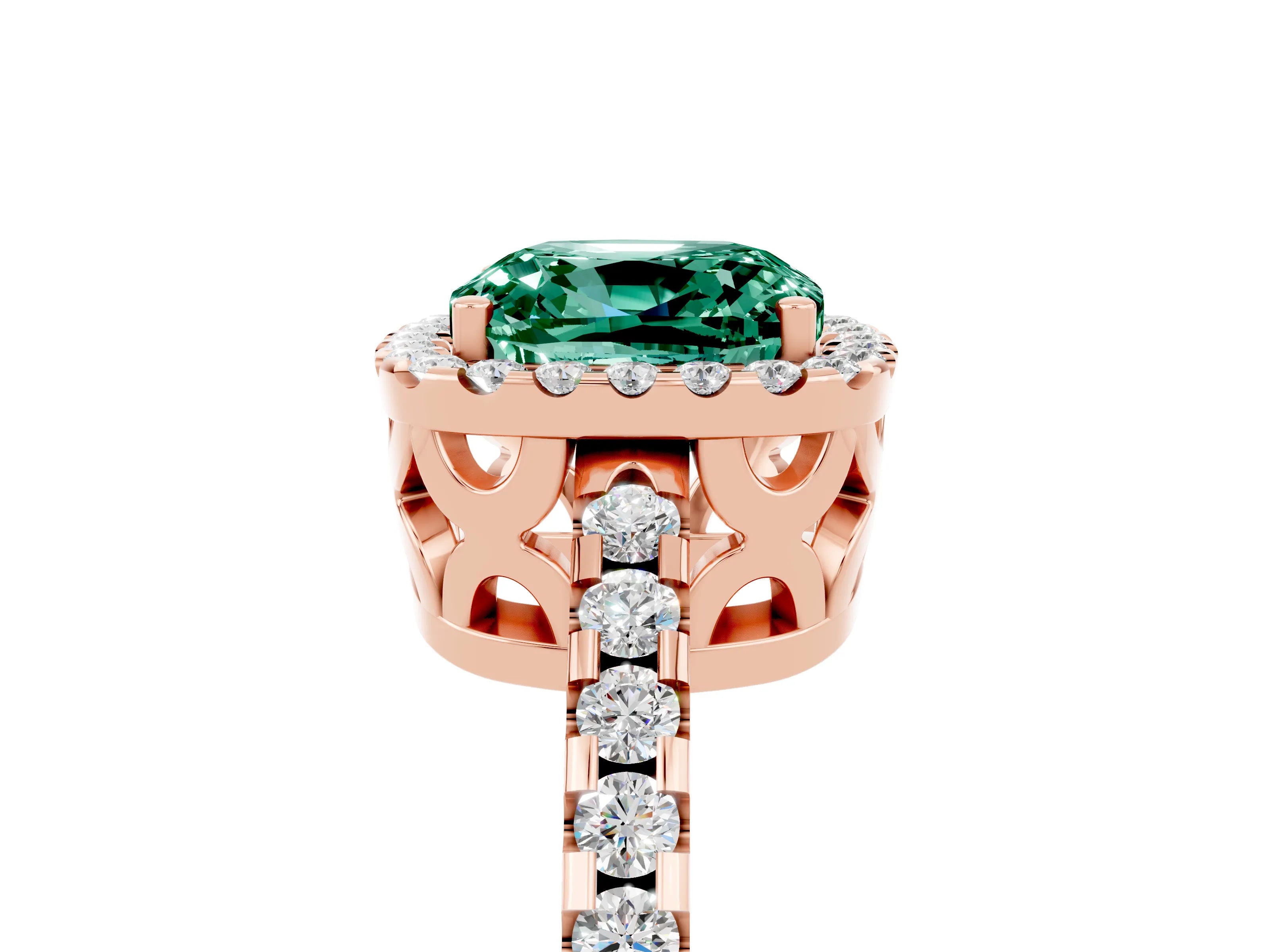 Rose gold Cushion Cut Green Sapphire Halo Engagement Ring with Pavé Band and Prong Setting_17