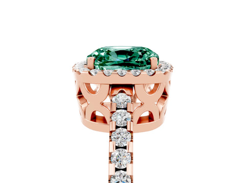 Rose gold Cushion Cut Green Sapphire Halo Engagement Ring with Pavé Band and Prong Setting_17