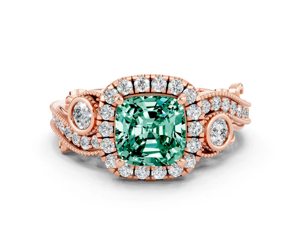 Rose gold Cushion Cut Green Sapphire Halo Ring with Milgrain Pavé Band and Four-Prong Setting